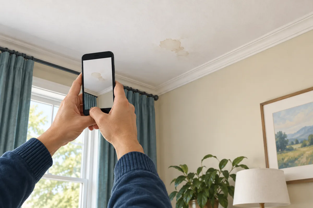 Hands holding a smartphone to photograph a small tan water stain on a living-room ceiling.