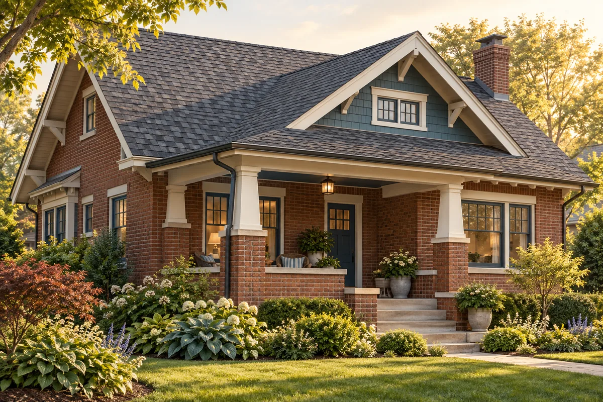 Brick bungalow with an asphalt-shingle cross-gable roof, covered porch and established garden.