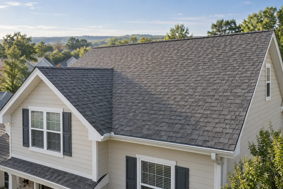 Illustration of a gray asphalt shingle roof on a cream-colored home